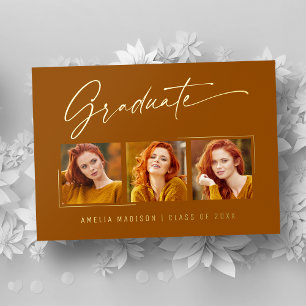 Invitation En Aluminium Élégante encre Script 3 Photo Grad Burnt Orange Ca