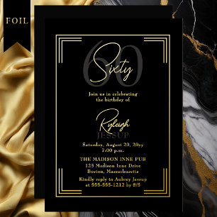 Invitation En Aluminium Élégante Fête Art Déco pour les 60 ans en Noir et