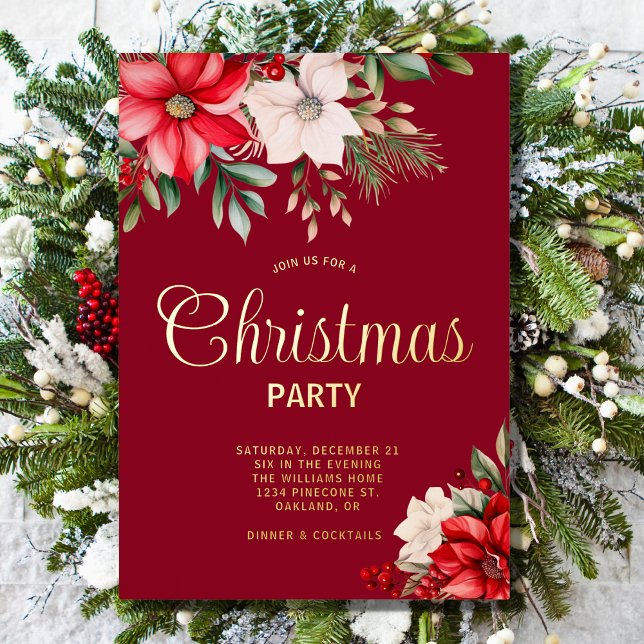 Invitation En Aluminium Élégante fête de Noël Floral Poinsettia (Créateur téléchargé)