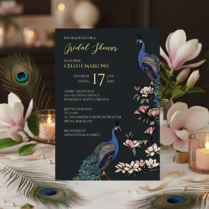 Invitation En Aluminium Elégante Fête des mariées de paon à fleurs noires