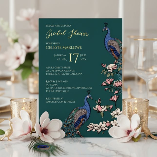 Invitation En Aluminium Élégante Fête des mariées de paon Turquoise (Elegant Teal, Gold Foil Floral Peacock Bridal Shower Invitations for Her. Classy Bird Teal Feathers)