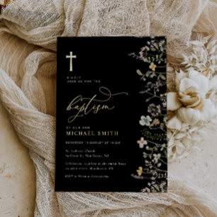 Invitation En Aluminium élégante feuille d'or fleur sauvage baptême invita