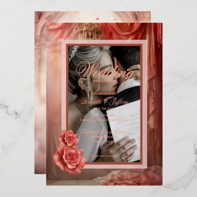 Invitation En Aluminium Élégante feuille d'or rose romantique moderne (Recto/Verso)