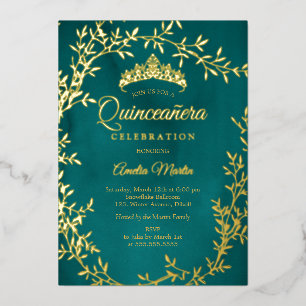 Invitation En Aluminium Elégante feuille d'or Turquoise couronne Quinceane