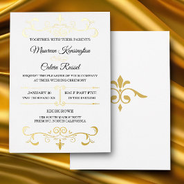 Invitation En Aluminium Elégante Filigree or sur blanc, Mariage