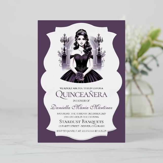 Invitation En Aluminium Élégante fille Quinceañera violet (Debout devant)