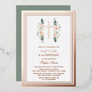 Invitation En Aluminium Élégante Fleurs Roses Fille 1er Anniversaire Baptê