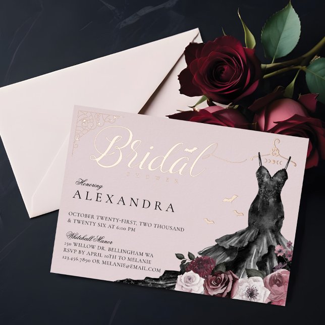 Invitation En Aluminium Élégante gothique Floral Mariage Fête des mariées (Elegant Gothic Floral Wedding Dress Bridal Shower Foil Invitation)