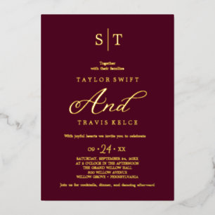 Invitation En Aluminium Élégante huile d'or   Mariage Monogram Bourgogne