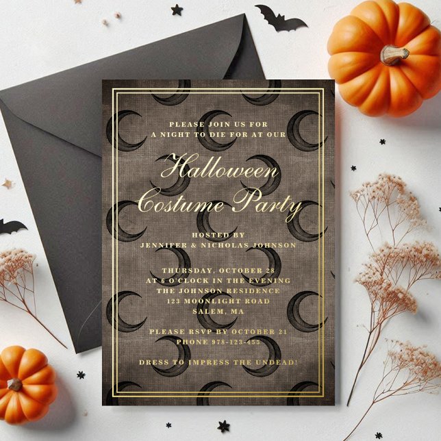 Invitation En Aluminium Élégante Lune gothique Halloween Costume Party Or (Elegant Gothic Moon Halloween Costume Party Gold Foil Invitation)