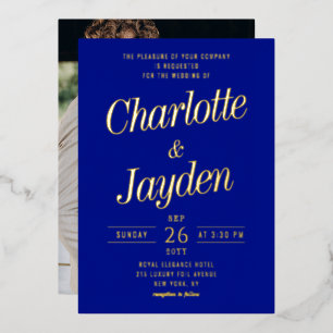 Invitation En Aluminium Élégante Mariage Photo Script Aluminium Bleu