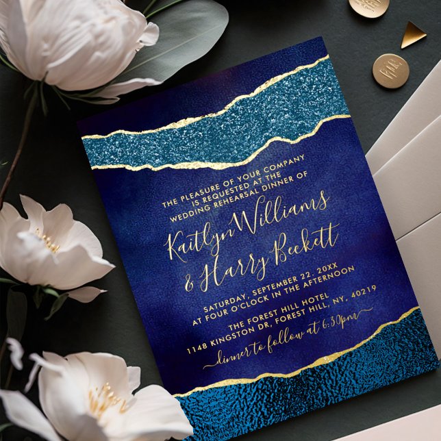 Invitation En Aluminium Élégante Marine Blue & Gold Agate Mariage Rehearsa (Créateur téléchargé)
