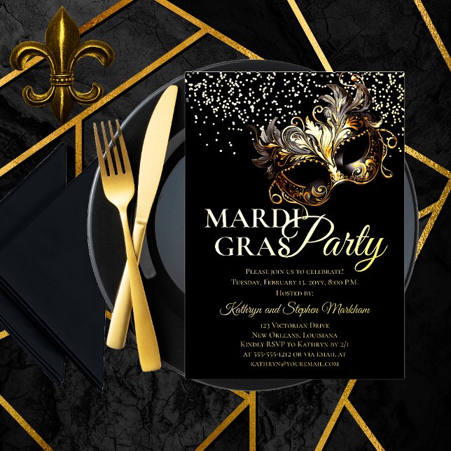 Invitation En Aluminium Elégante Masquerade Masque Mardi Gras Party (Elegant Gold Foil Mardi Gras Party Invitation Featuring a Dramatic Masquerade Mask)