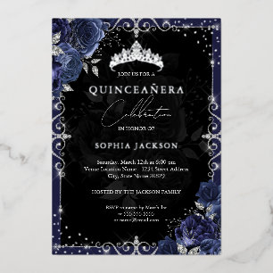 Invitation En Aluminium Elégante Navy Rose Argent Quinceanera