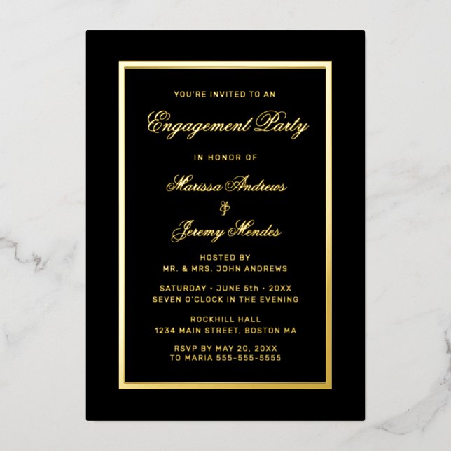 Invitation En Aluminium Élégante partie d'engagement Black Gold Script (Recto)