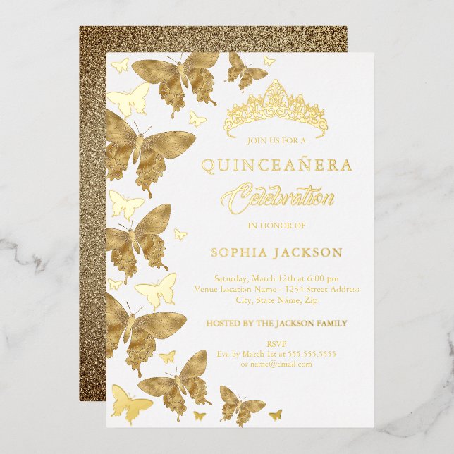Invitation En Aluminium Elégante Parties scintillant d'or papillon Quincea (Recto/Verso)