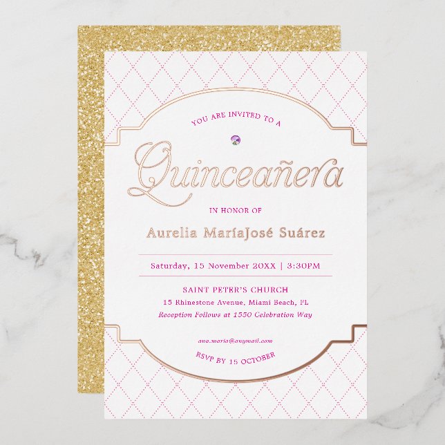 Invitation En Aluminium Elégante Parties scintillant d'or rose Quinceañera (Recto/Verso)