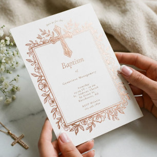 Invitation En Aluminium Élégante Photo de Bébé Religieux Baptême Croix Flo