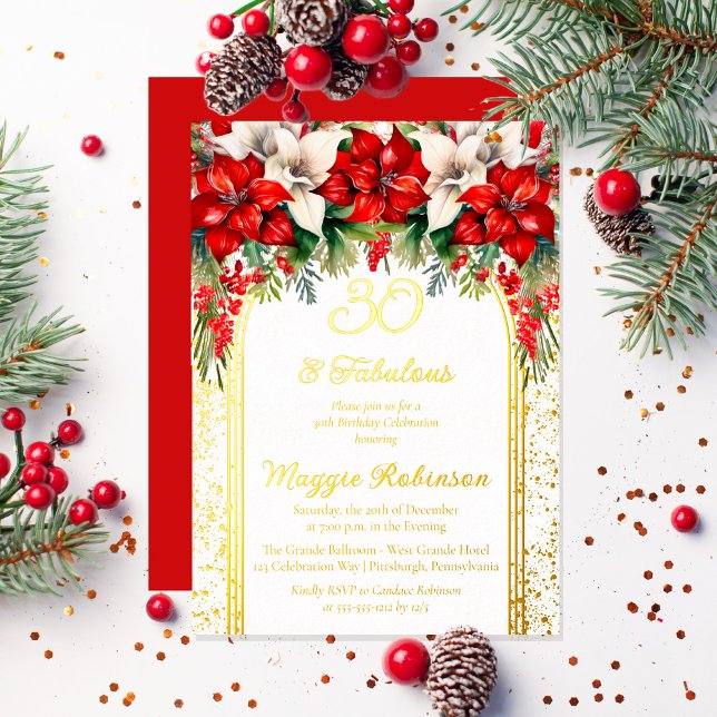 Invitation En Aluminium Elégante Poinsettias Floral 30e fête d'anniversair (Elegant Red and White Poinsettias Holiday "30 and Fabulous" Birthday Party Gold Foil Invitation)
