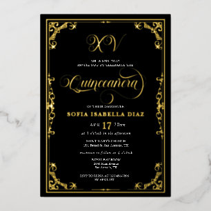 Invitation En Aluminium Elégante Quinceañera à bordure noire or et argent