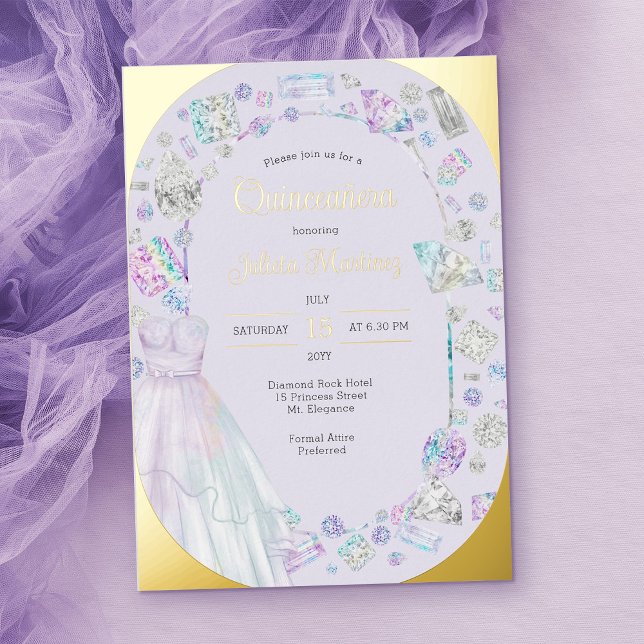 Invitation En Aluminium Élégante Quinceanera Diamonds Princess Robe Or (Luxury Gold foil quinceanera invitation with trendy oval frame)