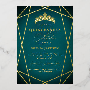 Invitation En Aluminium Elégante Quinceanera Géométrique Sarcelle Or