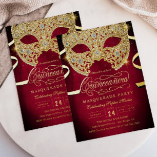 Invitation En Aluminium Élégante Quinceanera Masquée Rouge et Or