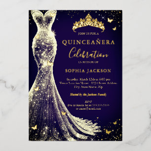 Invitation En Aluminium Elégante Quinceanera Papillon Doré Navy Vintage