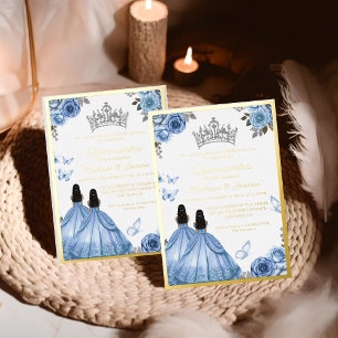 Invitation En Aluminium Elégante Quinceanera Papillon Floral bleu Dusty