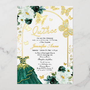 Invitation En Aluminium Élégante Quinceañera Papillon Vert Émeraude Or