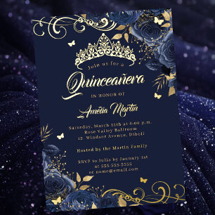 Invitation En Aluminium Elégante Quinceanera Tourbillon Navy Or Rose