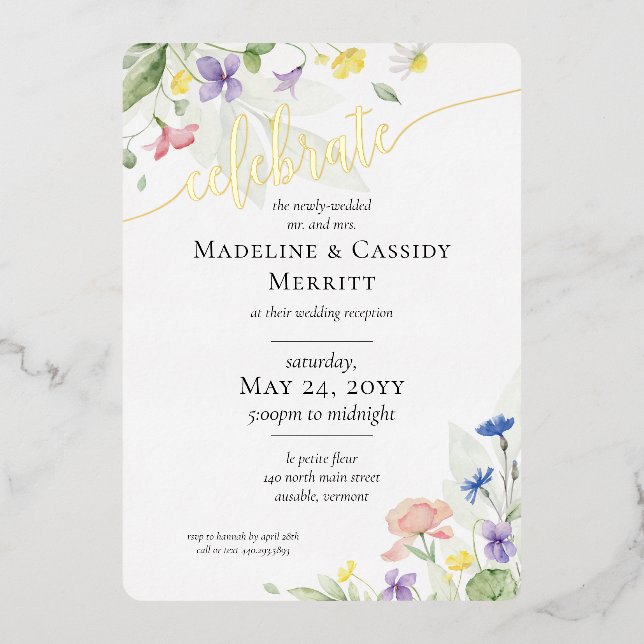 Invitation En Aluminium Elégante réception de mariage Fleurs sauvages aqua (Recto)