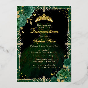 Invitation En Aluminium Élégante robe Rose Emerald Gold Quinceanera