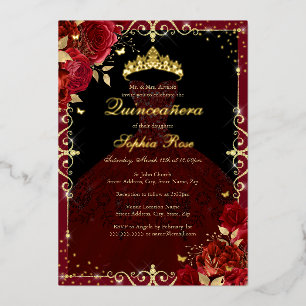 Invitation En Aluminium Élégante robe Rose Rouge Or Quinceanera