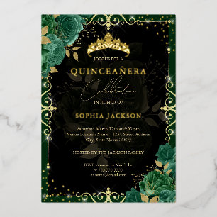 Invitation En Aluminium Élégante Rose Émeraude Or Royale Quinceanera