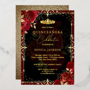Invitation En Aluminium Elégante Rose Rouge Or Quinceanera