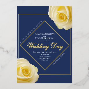 Invitation En Aluminium Elégante Roses Jaunes Bleu Floral Mariage Or
