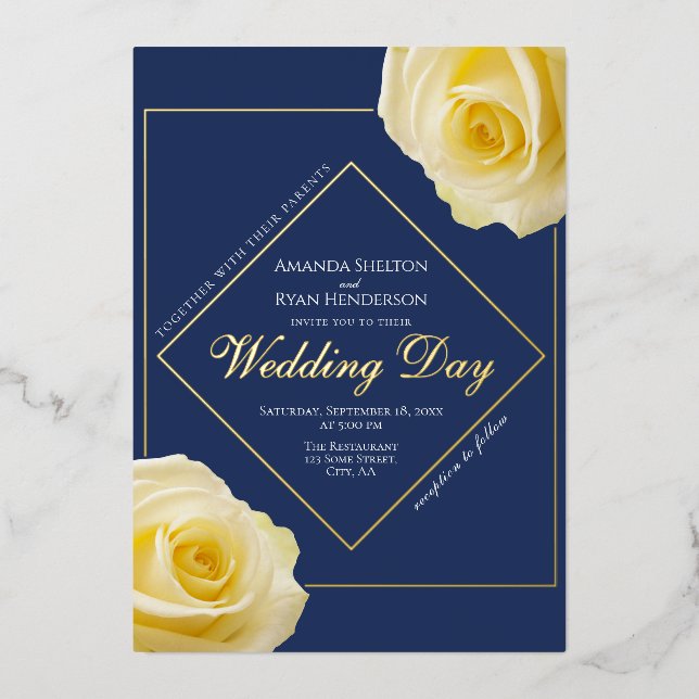 Invitation En Aluminium Elégante Roses Jaunes Bleu Floral Mariage Or (Recto)