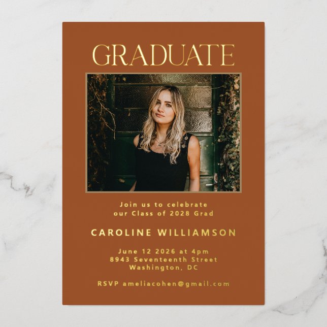 Invitation En Aluminium Élégante Terracotta Gold Deux Photo Graduation Par (Recto)