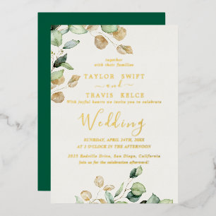 Invitation En Aluminium Élégante verdure émeraude   Mariage feuille d'or