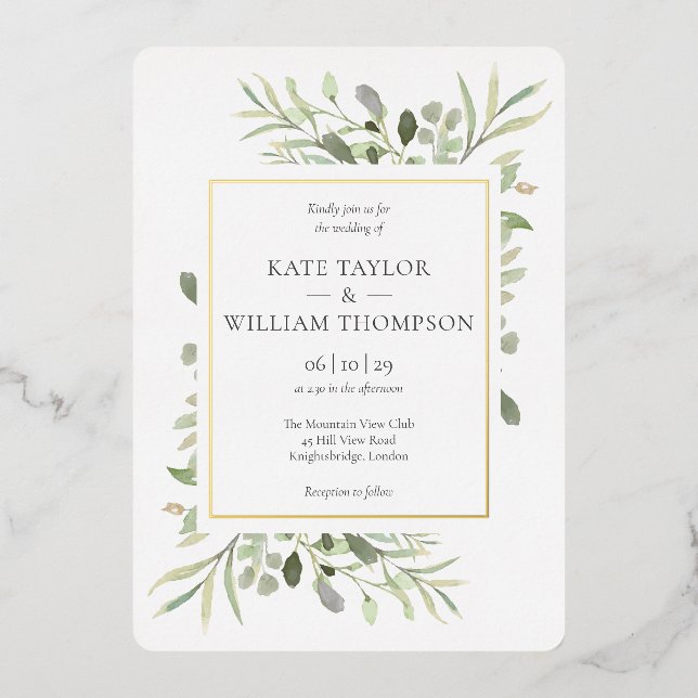 Invitation En Aluminium Elégante verdure Floral Mariage Gold (Recto)