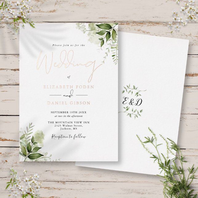 Invitation En Aluminium Élégante verdure Foliage Script Mariage Rose Or (Elegant Greenery Foliage Script Wedding Rose Gold Foil Invitation)