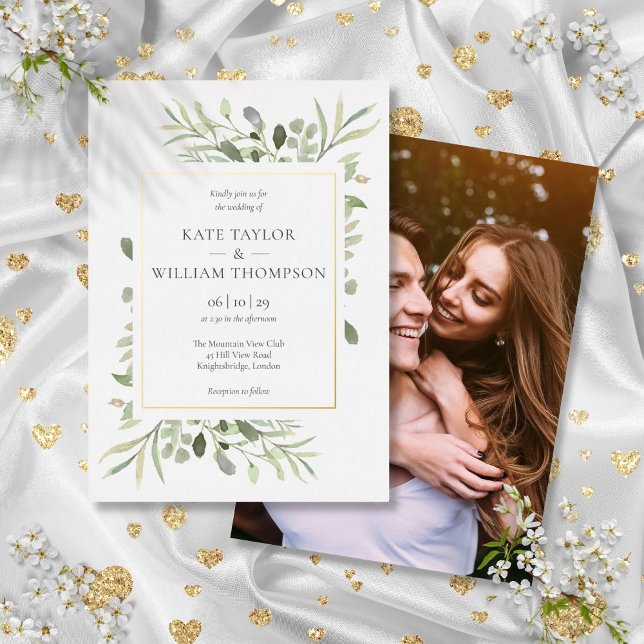 Invitation En Aluminium Élégante verdure Mariage Photo Gold (Elegant Greenery Wedding Photo Gold Foil Invitation)