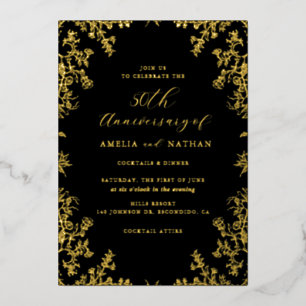 Invitation En Aluminium Élégante Vintage Gold Black 50e Anniversaire