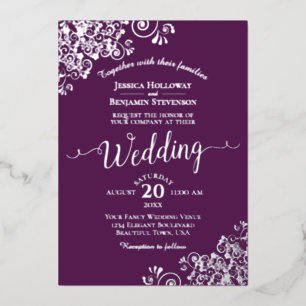Invitation En Aluminium Élégantes Boucles d'Argent sur Mariage Violet Prun