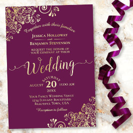 Invitation En Aluminium Elégantes boucles d'or sur Mariage de Plum Magenta
