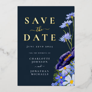 Invitation En Aluminium Élégantes Fleurs d'Été Mariage Or Bleu