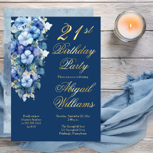 Invitation En Aluminium Élégantes Ipomées Bleues Florales 21e Anniversaire