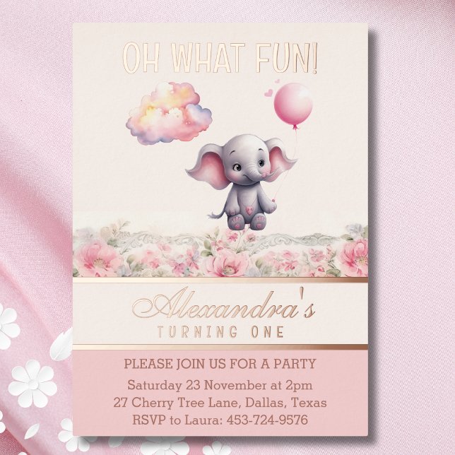 Invitation En Aluminium Eléphant 1er anniversaire rose Floral Baby Girl (Créateur téléchargé)