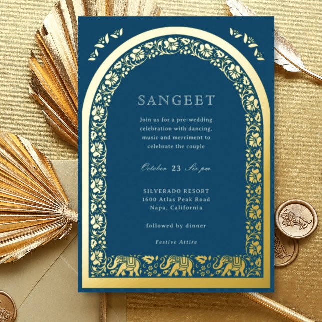 Invitation En Aluminium Elephant et Lotus Flower Indian Sangeet Gold (Blue Indian wedding Sangeet invitation, elephant and lotus flower, hindu wedding invitation card)